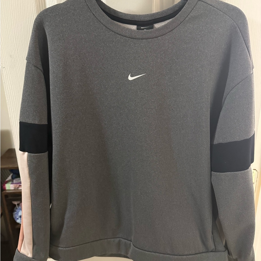 Nike Gray and Black Crewneck Sweater with Ribbed Collar